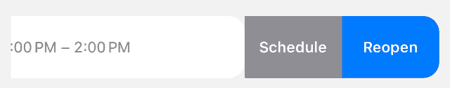 Swiping left on a finished visit row reveals grey Schedule and blue Reopen buttons