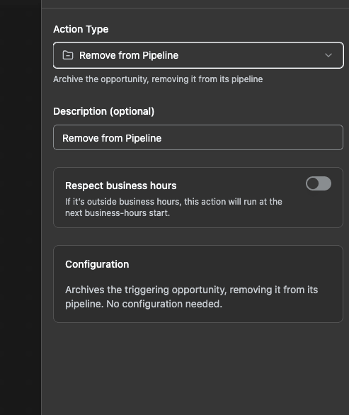 Remove from Pipeline action settings